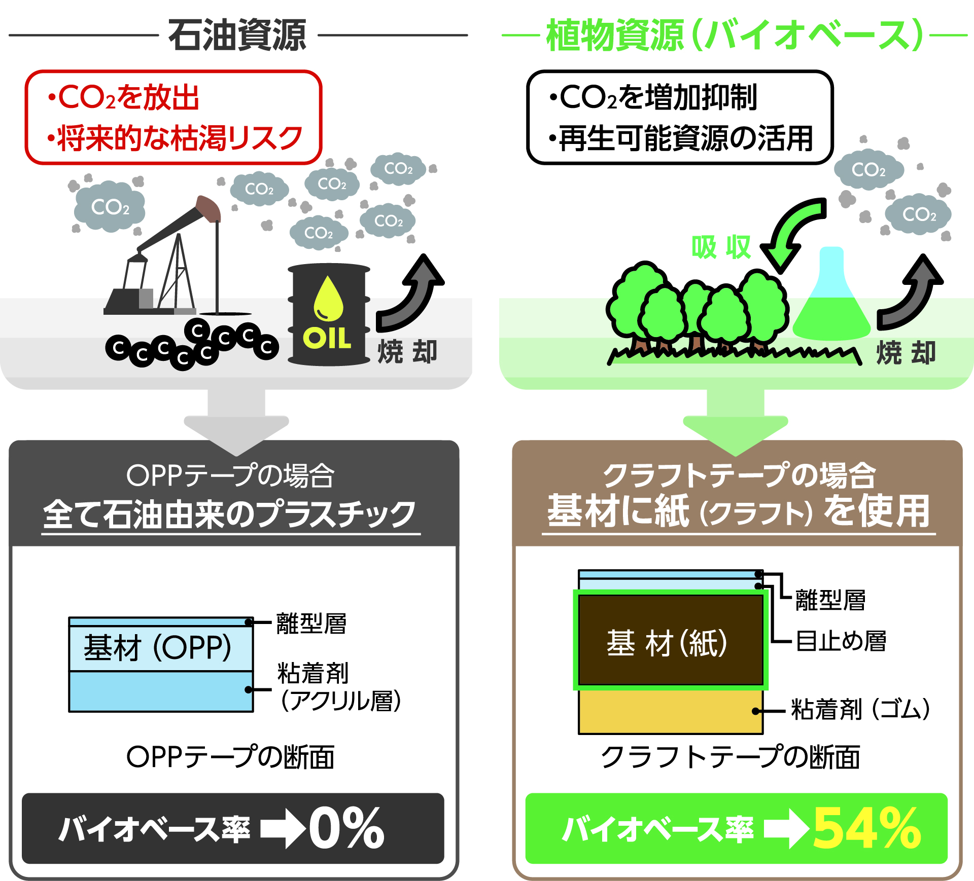 クラフトテープは、バイオベース率が54%を占め、OPP テープと比較して使用プラスチック量の大幅な削減に貢献します。 クラフトテープは、バイオベース率が54%を占め、OPP テープと比較して使用プラスチック量の大幅な削減に貢献します。